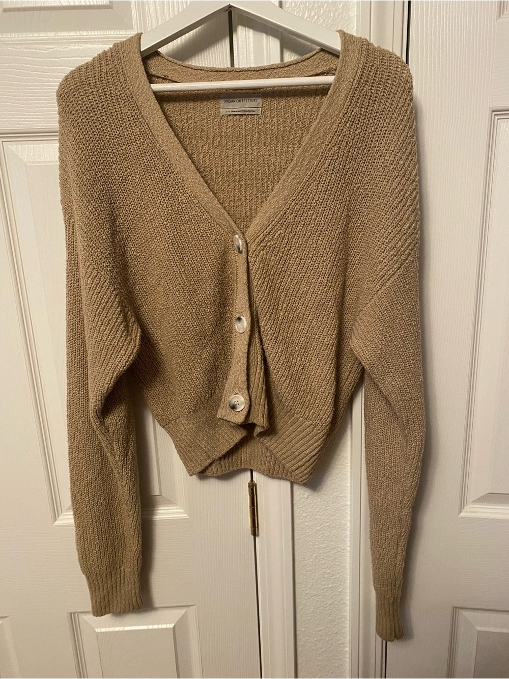 Textured V-Neck Button Front Sweater - Tan